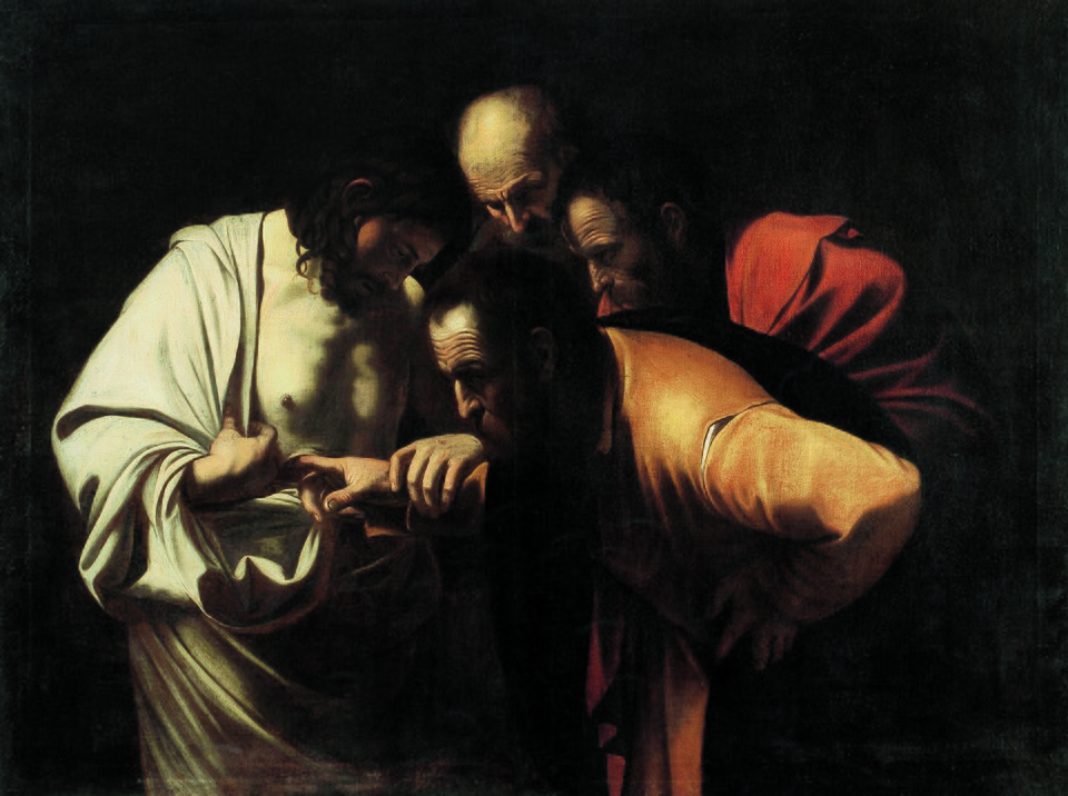 A disciple presses his finger into the wound on Christ's side while two others lean in close, all lit by a single raking light.