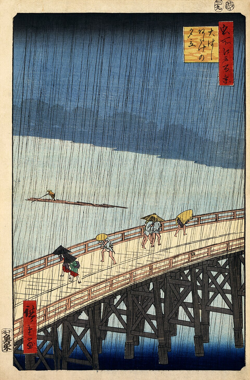 A woodblock print of pedestrians crossing a bridge under sudden rain, rendered as slanted grey lines against a dark sky.